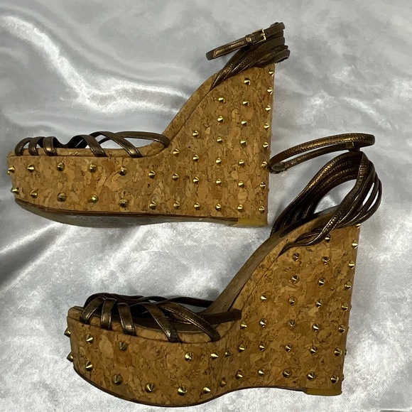 Gucci Studded Cork Platform Wedge Sandals Bronze Gold Leather EU 39.5 - Picture 6 of 12